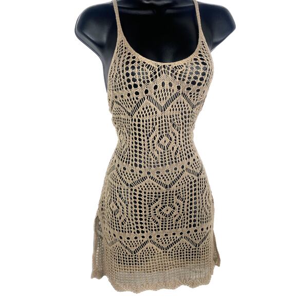 New Medium Khaki Tan Beige Knit Crochet Swimsuit Cover Up Mini Dress Slit Beach - Picture 3 of 7
